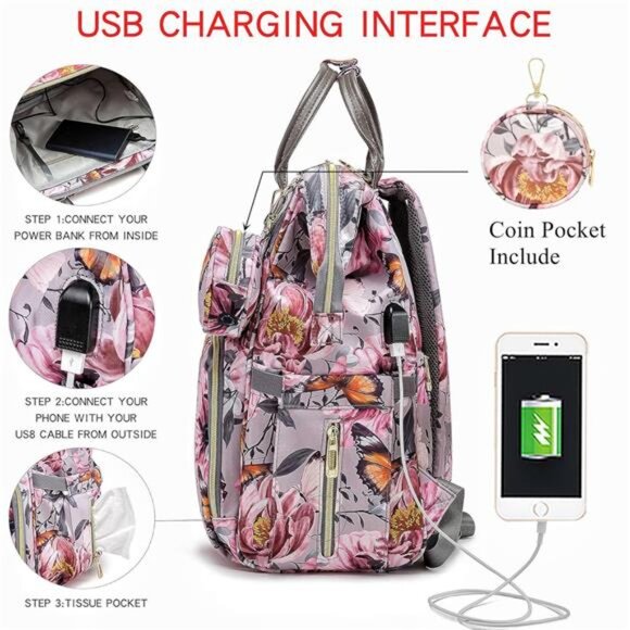 Floral Diaper Bag Backpack with Coin Bag USB Charging Port Stroller Straps - Picture 3 of 7